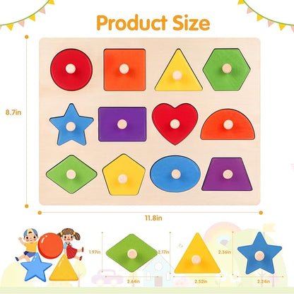 Montessori Wooden Peg Shape Puzzles for Toddlers 1-4, Sturdy Easy-Grip Educational Learning Toys, Perfect Birthday Gifts for Baby Boys Girls