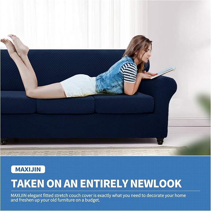 MAXIJIN 3 Piece Stretch Couch Covers for 2 Cushion Couch Sofa Slipcovers with 2 Extra Large Seat Cushion Couch Jacquard Loveseat Sofa Couch Cover for Dogs (2 Cushion Sofa, Navy Blue)