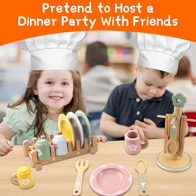 Play Dishes for Kids Kitchen, Wooden Play Kitchen Accessories, Play Plates and Cups for Kids Kitchen , Play Kitchen Dishes for Toddlers Boys and Girls 3 4 5 6
