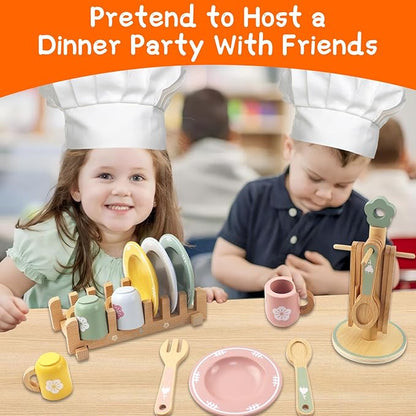 Play Dishes for Kids Kitchen, Wooden Play Kitchen Accessories, Play Plates and Cups for Kids Kitchen , Play Kitchen Dishes for Toddlers Boys and Girls 3 4 5 6
