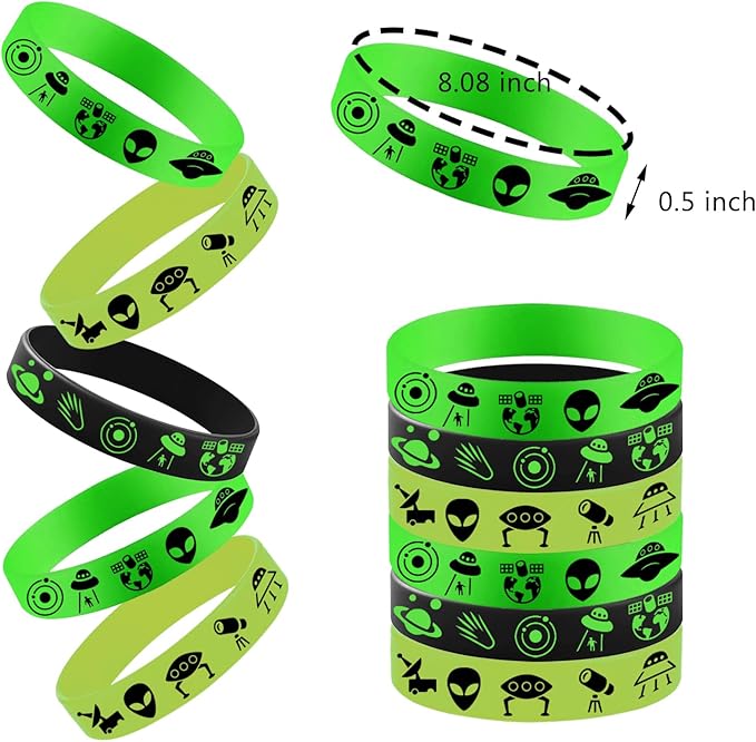 48PCS Green Alien Party Rubber Bracelets, Outer UFO Space Alien Themed Birthday Party Decorations Supplies Decor Gifts Goodie Bag Favors Green Alien Silicone Wristbands