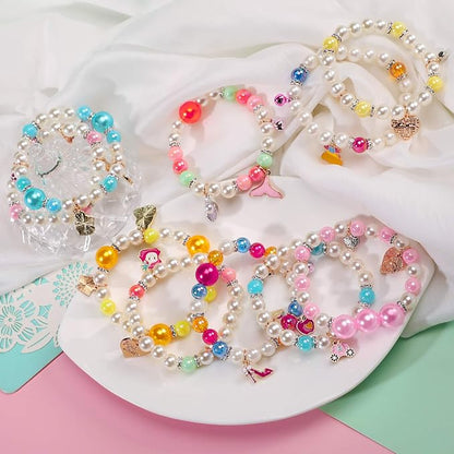 PinkSheep Princess Bracelets 10 PS for Kids Girls Pearl Bead Bracelets Teen Jewelry Set Party Favor Costume Princess Pretend Play