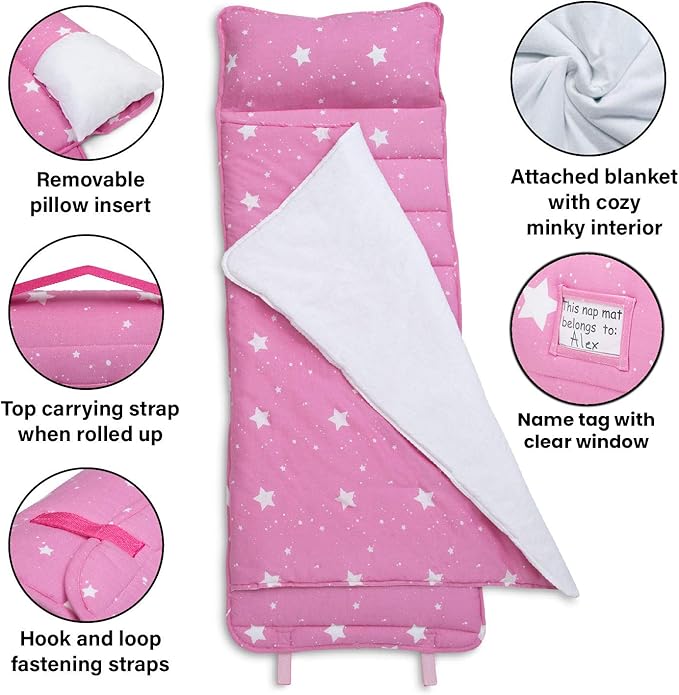 Delta Children Nap Mat - Includes Pillow & Blanket for Toddlers and Kids; Features Carry Handle w/Strap Closure and Name Tag; Rollup Design is Ideal for Preschool and Daycare; Personalization Optional