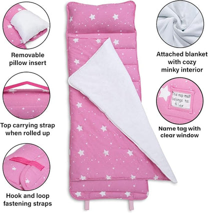 Delta Children Nap Mat - Includes Pillow & Blanket for Toddlers and Kids; Features Carry Handle w/Strap Closure and Name Tag; Rollup Design is Ideal for Preschool and Daycare; Personalization Optional
