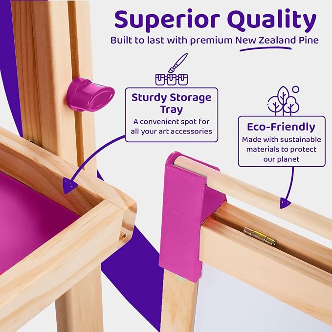 Blue Squid Art Easel for Kids - Dual-Sided Adjustable Wooden Painting Easels, Ideal Christmas Gift for Toddlers and Kid - with Magnetic Chalk Board, White Board & Paper Roll, Includes 100+ Accessories