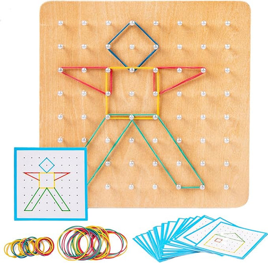 Wooden Mathematical Manipulative Material Array Block Geo Board Educational Toy with 30 Pattern Cards and 40 Rubber Bands to Create Figures Brain Teaser STEM Toy for 3 4 5 Year Old Kids and Toddlers