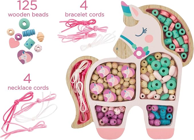Stephen Joseph, Wooden Bead Kit for Kids, 125 Wooden Beads with 4 Necklace and 4 Bracelet Cords with Reusable Wooden Tray, Premium Wood Jewelry Making Kit for Kids, Mermaid