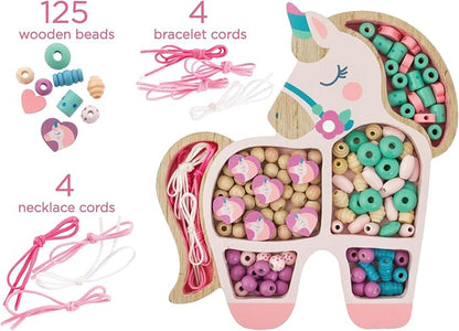 Stephen Joseph, Wooden Bead Kit for Kids, 125 Wooden Beads with 4 Necklace and 4 Bracelet Cords with Reusable Wooden Tray, Premium Wood Jewelry Making Kit for Kids, Ice Cream