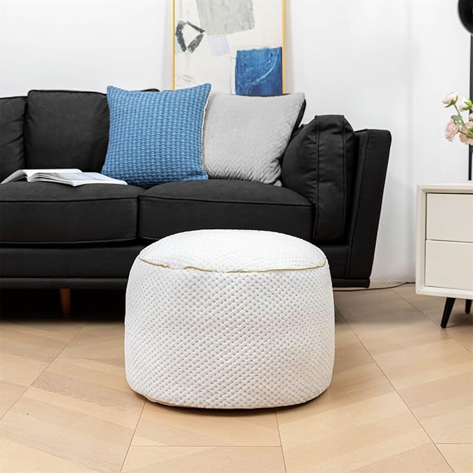 Round Stuffed Pouf Ottoman 20x20x12 Inches Faux Fur Ottoman Foot Rest Under Desk Floor Pouf Foot Stool Poof for Living Room, Bedroom Small Furniture (White)