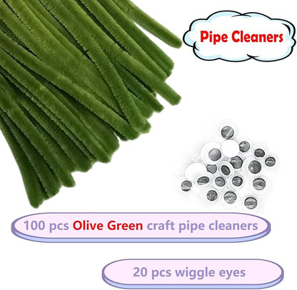 Cldamecy 100 pcs Olive Green Pipe Cleaners with 20 pcs Googly Eyes,Chenille Stems for Craft Project,Craft Pipe Cleaners for DIY Projects,Arts and Holiday Decoration