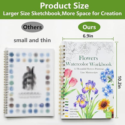Watercolor Workbook 15 Beautiful Flowers Paintings for Adults &Teens Beginners,Water Coloring Book 140lb Cold Press Cotton Watercolor Paper-Ideal Gifts to Spark Creativity Stress Relief(10.2" x 6.9")