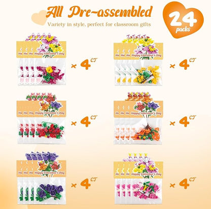 Valentines Day Gifts for Kids - 24 Pack Prefilled Valentine's Day Cards with Flower Building Blocks Crafts for School Classroom Class Party Favor, Valentines Gifts Bulk Exchange for Boys Girls Teens