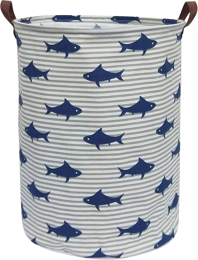 CLOCOR Kids Laundry Basket,Shark Toy Storage Bins,Baby Clothes Hamper,Round Gift Basket with Handles for Bedroom Nursery,Toddler Room Decor (Shark)