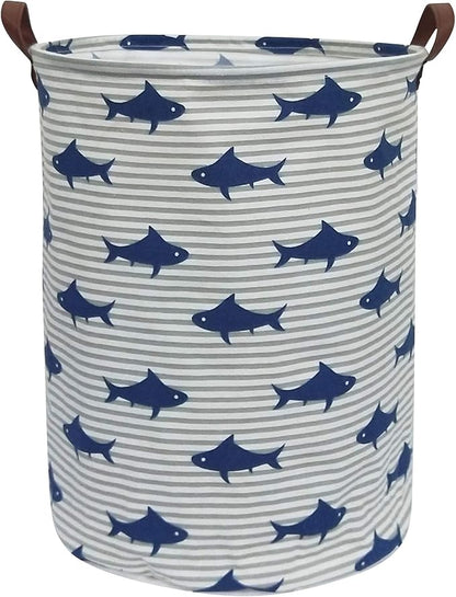CLOCOR Kids Laundry Basket,Shark Toy Storage Bins,Baby Clothes Hamper,Round Gift Basket with Handles for Bedroom Nursery,Toddler Room Decor (Shark)