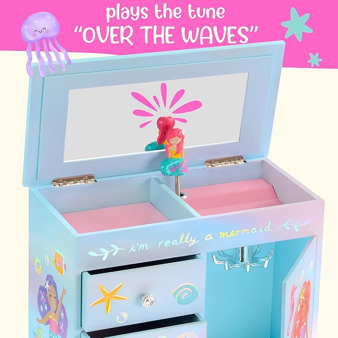 Mermaid Musical Jewelry Box for Girls - Kids Music Box with Drawers, Mermaid Gifts for Girls, Mermaid Jewelry Boxes for Ages 3-10 - 9 x 5 x 9.3 in,