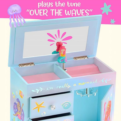 Mermaid Musical Jewelry Box for Girls - Kids Music Box with Drawers, Mermaid Gifts for Girls, Mermaid Jewelry Boxes for Ages 3-10 - 9 x 5 x 9.3 in,