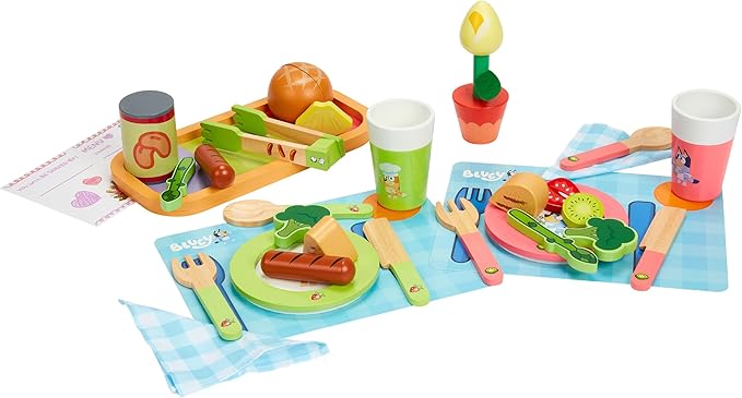Bluey Toy Fruits and Vegetables for Toddlers, 32-Piece Pretend Food with Plates, Utensils, Baby Play Food & Wooden Toy Fun