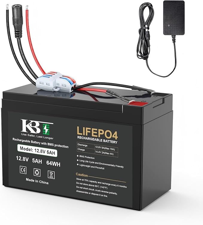 KBT 12V 5Ah Rechargeable LiFePO4 Battery, Bare Leads Wire Replacement Battery Pack with Charger Compatible with 12V Devices DIY Bluetooth Speaker Boombox Radio