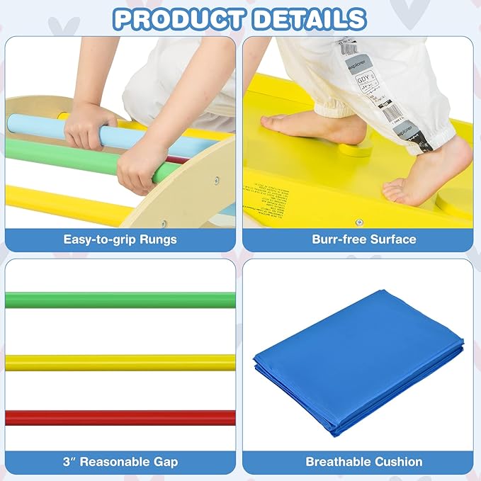 HONEY JOY Wooden Ladder Arch for Climbing, 3 in 1 Kids Climber Ladder & Rocker Board w/Cushion Pad, Toddler Climbing Toy Set for Playground, Gym & Daycare, Gift for Boys Girls(Colorful)