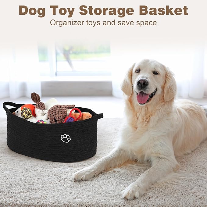 Optish Dog Toy Basket, Toy Box and Bin for Dog Cat Storage, 19.7" X 11" X 7.9" (30L) Large Woven Rope Basket for Blanket Storage, Living Room, Bedroom, Bedroom, Black