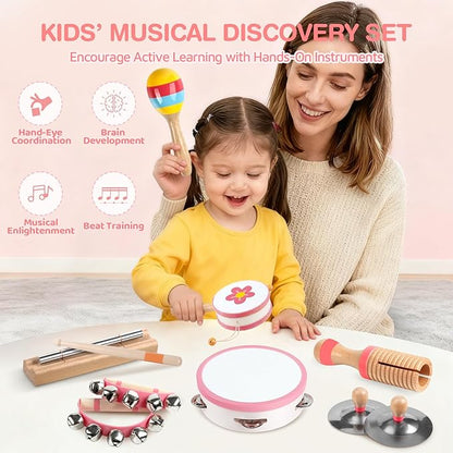 Baby Musical Instruments - Montessori Musical Toys for Toddlers 1-3, Wooden Percussion Instruments Set, Kids Preschool Educational Music Learning Toys, Birthday Gifts for Boys Girls (Pink)