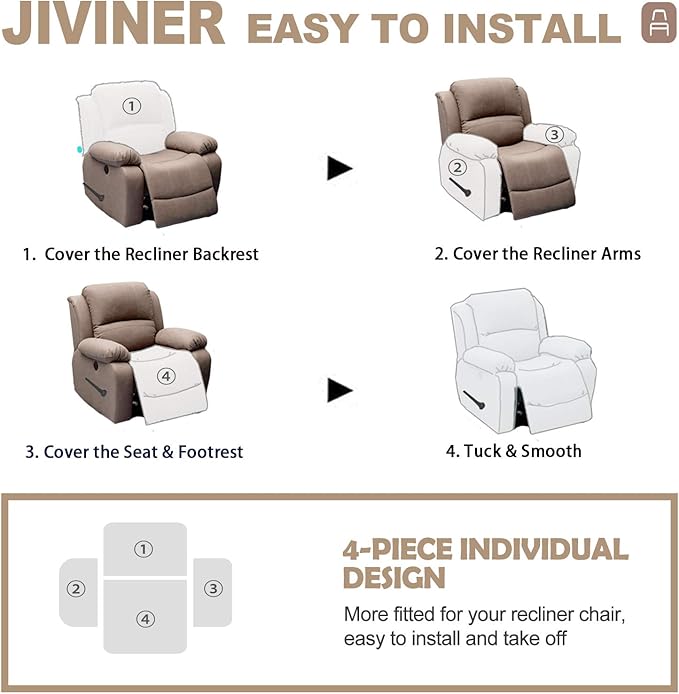 JIVINER 4-Piece Recliner Chair Covers Stretch Jacquard Covers for Recliner Chair Recliner Slipcovers for Living Room Soft Recliner Protector with Pocket (Recliner, Navy Blue)