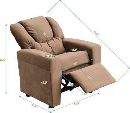 21.3" Kids Recliner Chair,Toddler Armchair Upholstered Couch with Cup Holder, Backrest,Children Upholstered Seating Sofa w/Headrest and Footrest,for Child's Bedroom,Brown