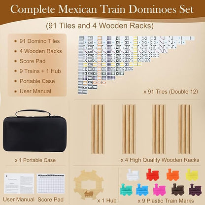 4 Players Games, Mexican Train Dominoes Set with 4 Wooden Racks, 91 Tiles, Portable Case, Double 12 Dominos Set for Adults, Board Game for Adults, Easter Basket Stuffers, Easter Gifts for Men Women
