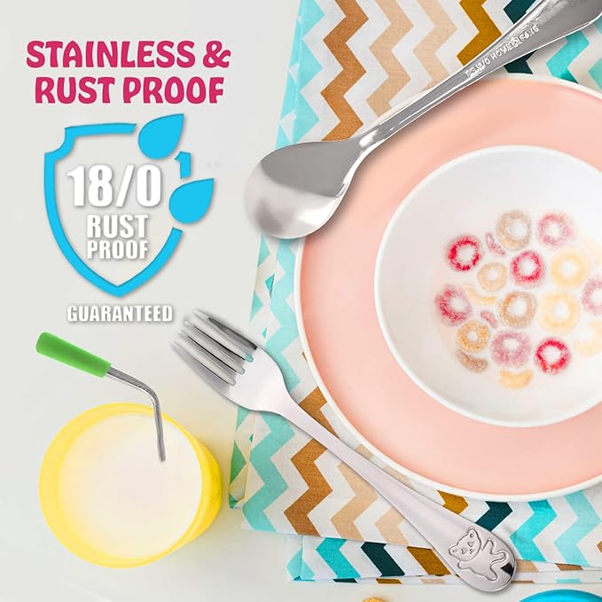 15 Pieces Toddler Kids Utensils Kids Silverware Set Stainless Steel, Safe Baby Utensils 3 Toddler Forks 3 Toddler Spoons 4 Reusable Metal Straws 4 Silicone Tips and Brush, Kid Utensils Flatware