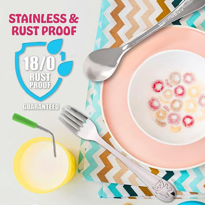 15 Pieces Toddler Kids Utensils Kids Silverware Set Stainless Steel, Safe Baby Utensils 3 Toddler Forks 3 Toddler Spoons 4 Reusable Metal Straws 4 Silicone Tips and Brush, Kid Utensils Flatware
