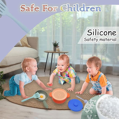 Play Kitchen Accessories, Silicone Pretend Play Kitchen Toys Set, Play Kitchen Pots and Pans Set for Kids, Learning Education Cooking Toys for Girls(Orange)