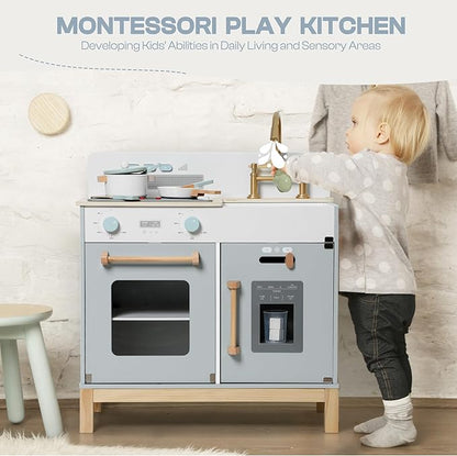 ROBOTIME Play Kitchen for Toddlers, Wooden Kids Play Kitchen Playset with Real Lights & Sounds/Ice Cube Dispenser, Pretend Play Montessori Toy Kitchen, Gift for Ages 3+ (Blue)