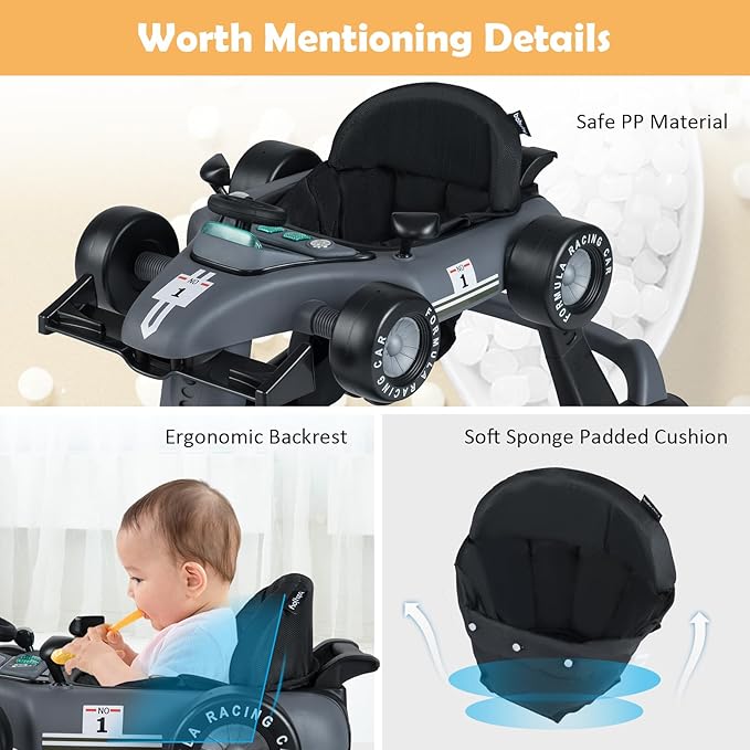 HONEY JOY 4-in-1 Baby Walker, Activity Push Walker w/3 Adjustable Heights, Smooth Wheels w/Adjustable Speed, Padded Seat, Music & Light, Foldable Car Walker for Baby Boys Girls Age 6 Months+ (Gray)