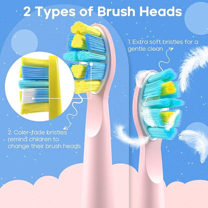 SEAGO Kids Electric Toothbrush, Sonic Soft Bristle Rechargeable Toothbrushes with DIY Stickers, 5 Modes, Includes 4 Replacement Brush Heads, Ages 3 to 12 Years Old (Pink)