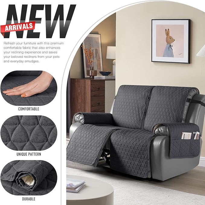 TAOCOCO 100% Waterproof Loveseat Recliner Cover-Recliner Cover with Non-Slip Granule, Recliner Chair Covers with Elastic Band,Washable Recliner Chair/Protector for Pets(Black Gray, 2 Seater)