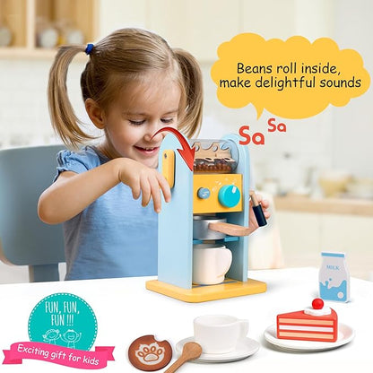 ICEKO Wooden Toy Coffee Maker Set with Grinder - 11pcs Realistic Play Kitchen Accessories for Kids - Pretend Play Toys - Kitchen Playset for Girls and Boys