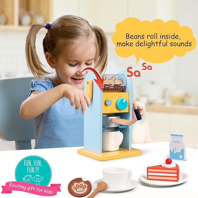 ICEKO Wooden Toy Coffee Maker Set with Grinder - 11pcs Realistic Play Kitchen Accessories for Kids - Pretend Play Toys - Kitchen Playset for Girls and Boys
