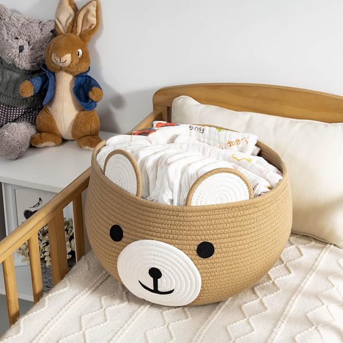 CherryNow Baby Basket for Newborn, Empty Baskets for Gift, Medium Animal Basket for Toy Clothes Towel, Woven Rope Bear Baskets for Kids, Brown, 15.7"D x 10.5"H