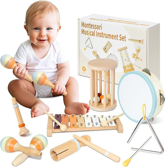 Baby Musical Instruments, Montessori Wooden Toys for Toddlers, Premium Wooden Musical Instrument Set for Kids Preschool Educational, Fun Musical Instruments for Children