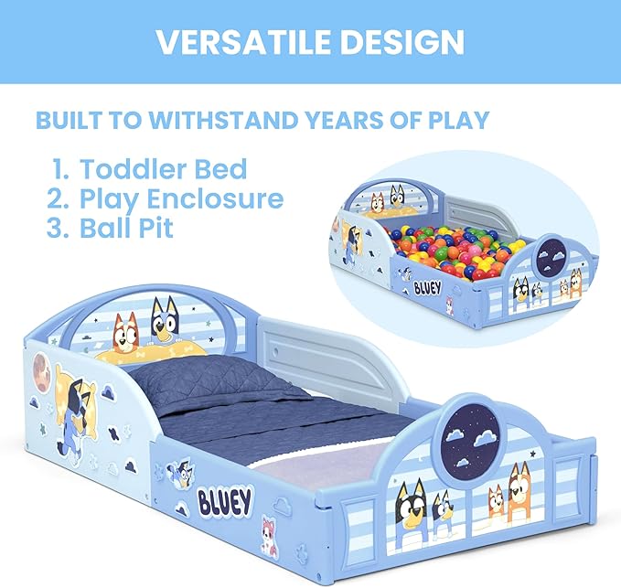 Delta Children - Bluey 4-Piece Toddler Room-in-a-Box Set – Includes Sleep and Play Toddler Bed, Table, 1 Chair and Fabric Toy Box, Blue