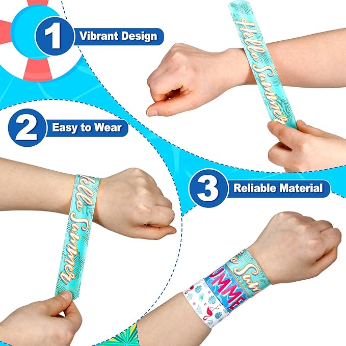 200 Pcs Summer Slap Bracelets Bulk Hawaiian Theme Slap Bracelets Beach Ocean Theme Snap Wristband Tropical Luau Party Favors for Birthday Classroom Prizes Exchanging Gifts