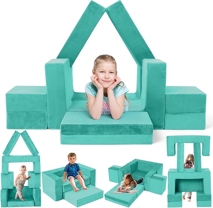 Kids Couch Sofa, 7 Pcs Modular Toddler Couch, Freely Removable Kids Chair Sofa for Playing, Creativity, Sleeping, Versatile Fold Out Baby Play Couch Set for Playroom, Bedroom Furniture