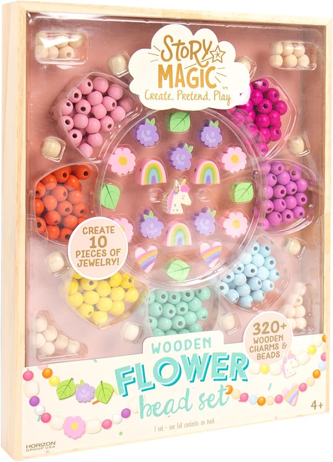 Story Magic Wooden Flower Bead Set, Over 300 Large Hole Wood Beads & Charms for Beading Bracelets, Bracelet Making Kit, Flower Bracelet Kit, Whimsical Bracelet Charms, Storage Tray Included, Ages 4+