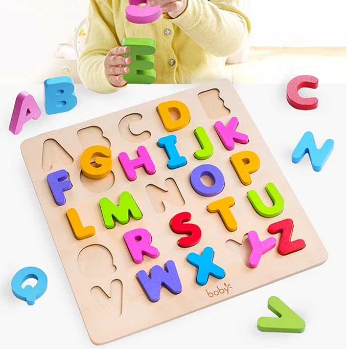 Wooden Alphabet Puzzle Toys, ABC Letter & Number Puzzle for Toddlers 18+ Months Old, Preschool Learning Toys for Kids, Educational Name Puzzle Gift for Boys and Girls (Alphabet Puzzle)