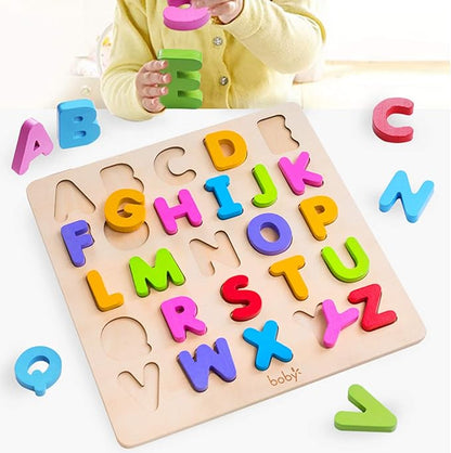 Wooden Alphabet Puzzle Toys, ABC Letter & Number Puzzle for Toddlers 18+ Months Old, Preschool Learning Toys for Kids, Educational Name Puzzle Gift for Boys and Girls (Alphabet Puzzle)