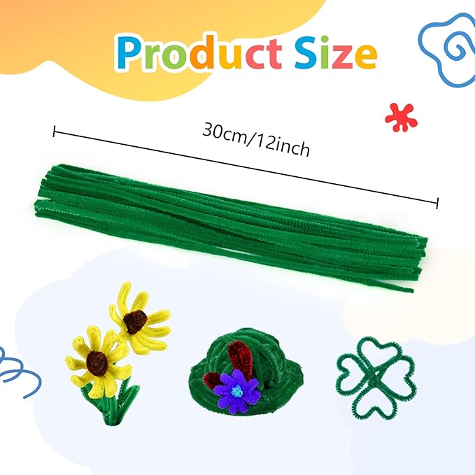 Caydo 300 Pieces Dark Green Pipe Cleaners Craft Supplies Chenille Stems for DIY Craft Projects Easter Decorations, 6mm x 12inch