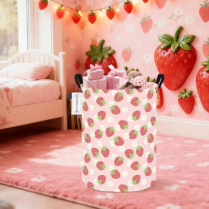 QUEENLALA Large Storage Basket,Laundry Hamper/Bathroom/Home Decor/Collapsible Round Storage Bin,Boys and Girls Hamper/Boxes/Clothing(Round-Pink Strawberry)