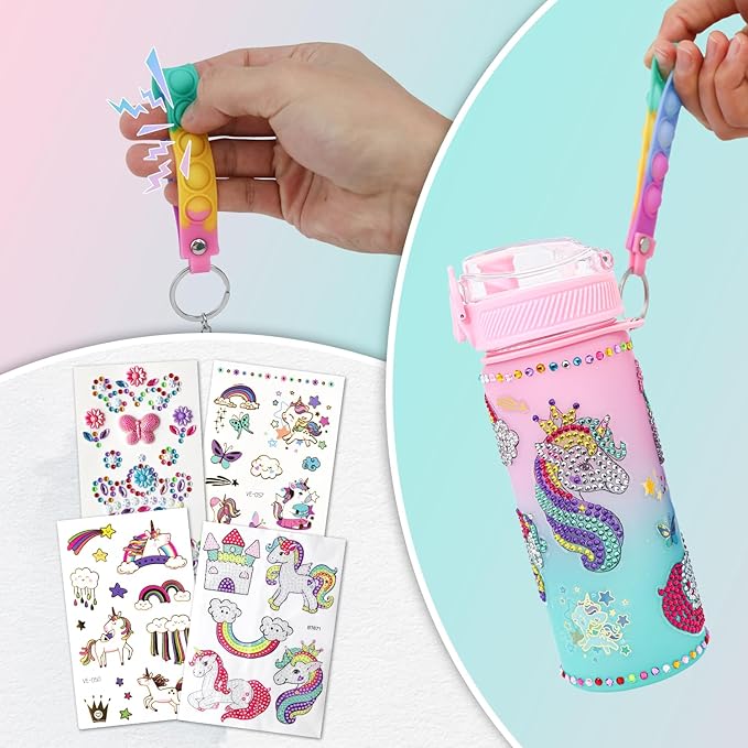 Gifts for Girls 4-12, Decorate Your Own Water Bottle Kits for Girls, Unicorn Diamond Crafts Painting Toys, Kids Water Bottle for School, Valentine's Day and Birthday Gifts Toys for Girls (Unicorn 2)