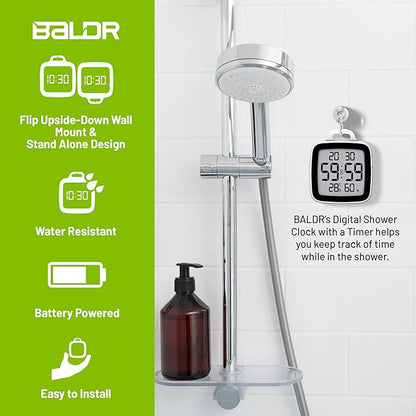 BALDR Digital Bathroom Clock with Timer - Waterproof Shower Clock with Time and Temperature - Waterproof Shower Timer for Kids and Adults - Bathroom Timer, Digital Shower Clocks for Bathroom (Black)