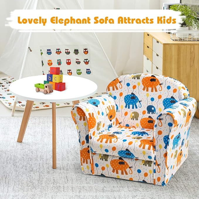 Costzon Kids Couch, Children's Sofa Armrest Chair with Pattern, Toddler Furniture w/Sturdy Wood Construction, Preschool, Lightweight Kids Couch Sofa Chair for Aged 1-5 Boys & Girls Gifts, Elephant